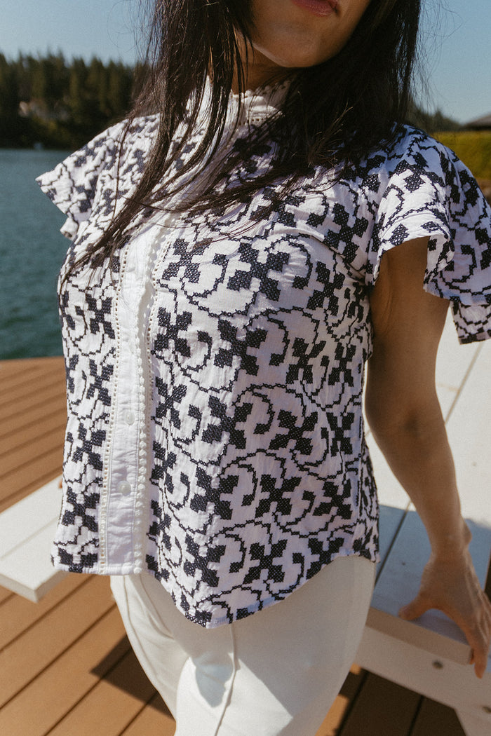 Navy Cross-Stitch Embroidery Camille Blouse