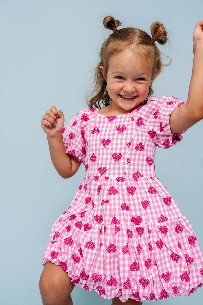 Pink Gingham Hearts Embroidery Daphne Dress