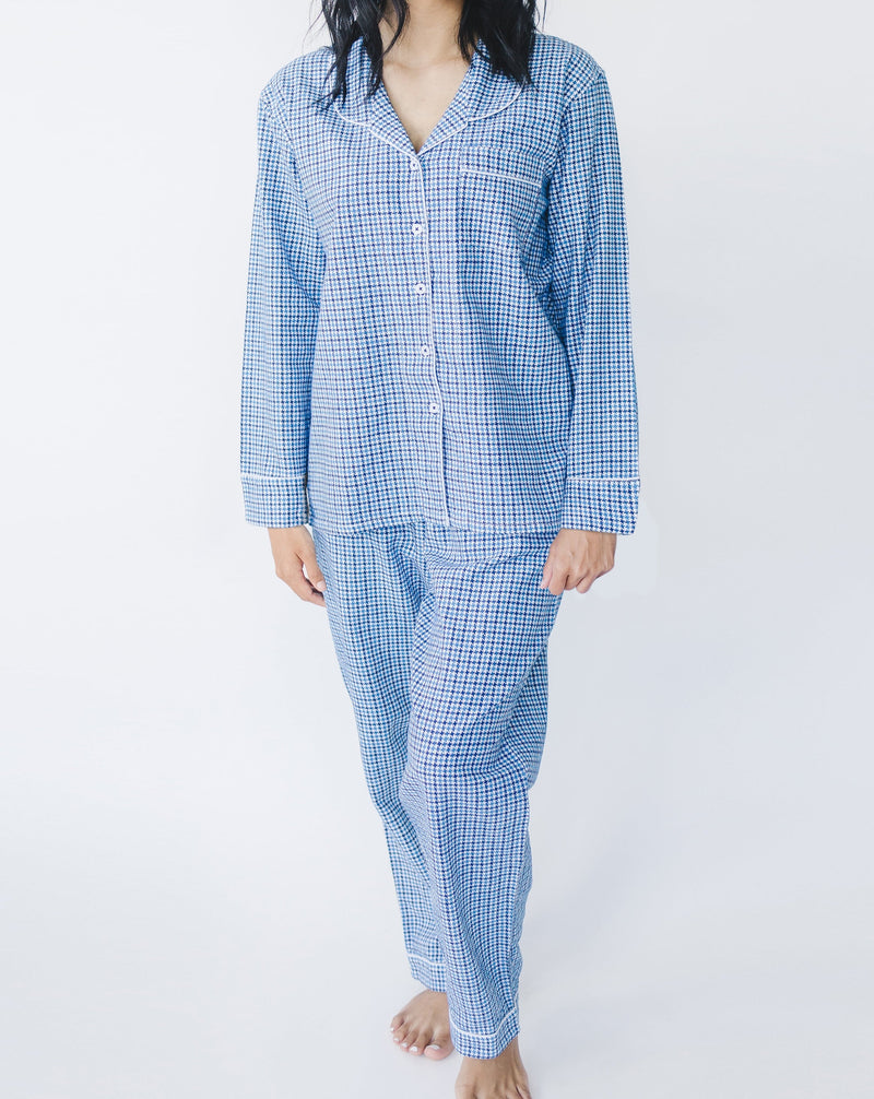 Myra Blue Houndstooth Women's Long Sleeve Shirt & Pajama Set