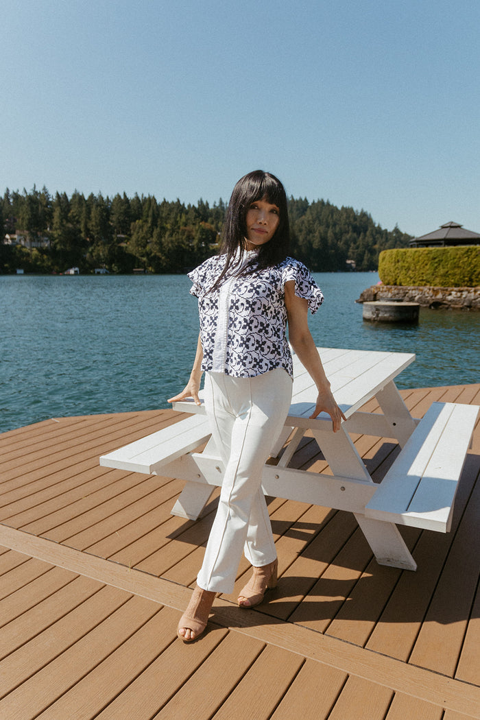 Navy Cross-Stitch Embroidery Camille Blouse