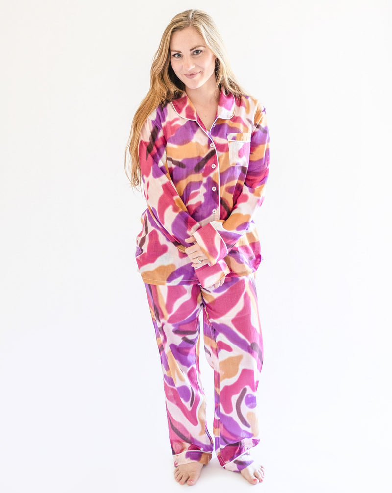 Myra Peri Tie-Dye Print Women's Nightwear Long Sleeve Shirt & Pajama Set