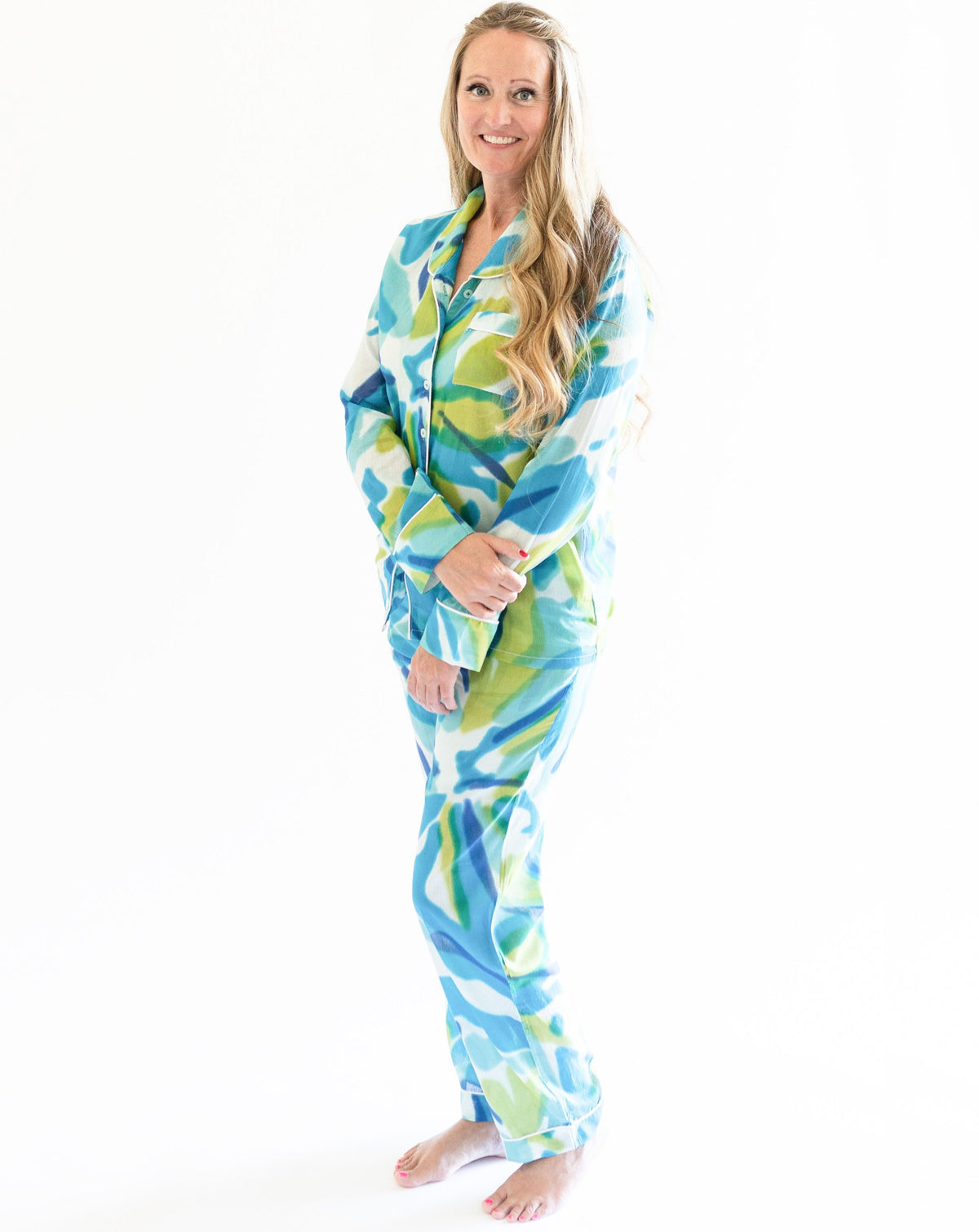 Myra Blue Tie-Dye Print Women's Nightwear Long Sleeve Shirt & Pajama Set