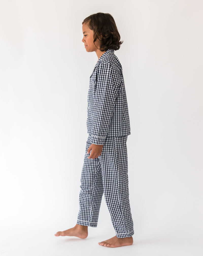 Kid's Holiday Navy Gingham Shirt & PJ Set - Side