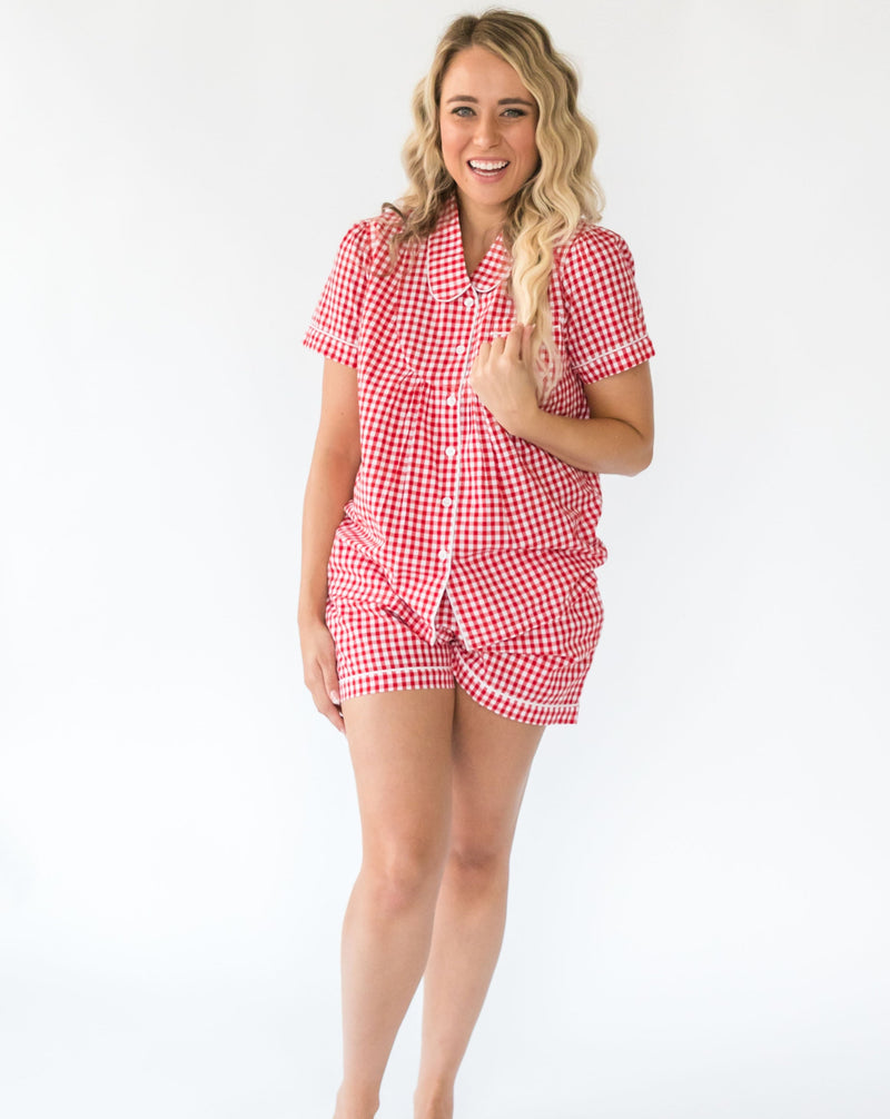 Women's Holiday Red Gingham Shirt & Shorts Set - Front