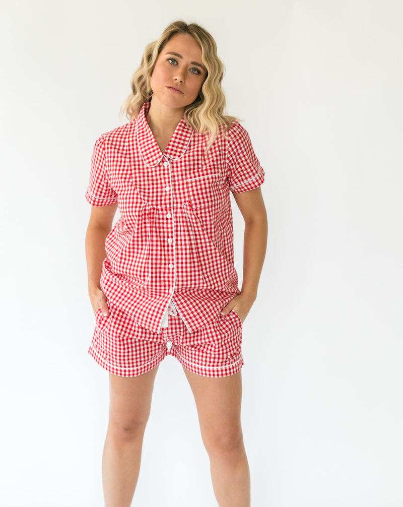 Women's Holiday Red Gingham Shirt & Shorts Set - Front 1