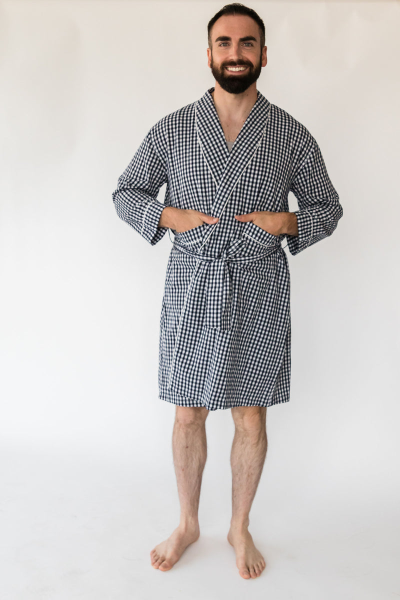 Men's  Holiday Navy Gingham Robe - Front