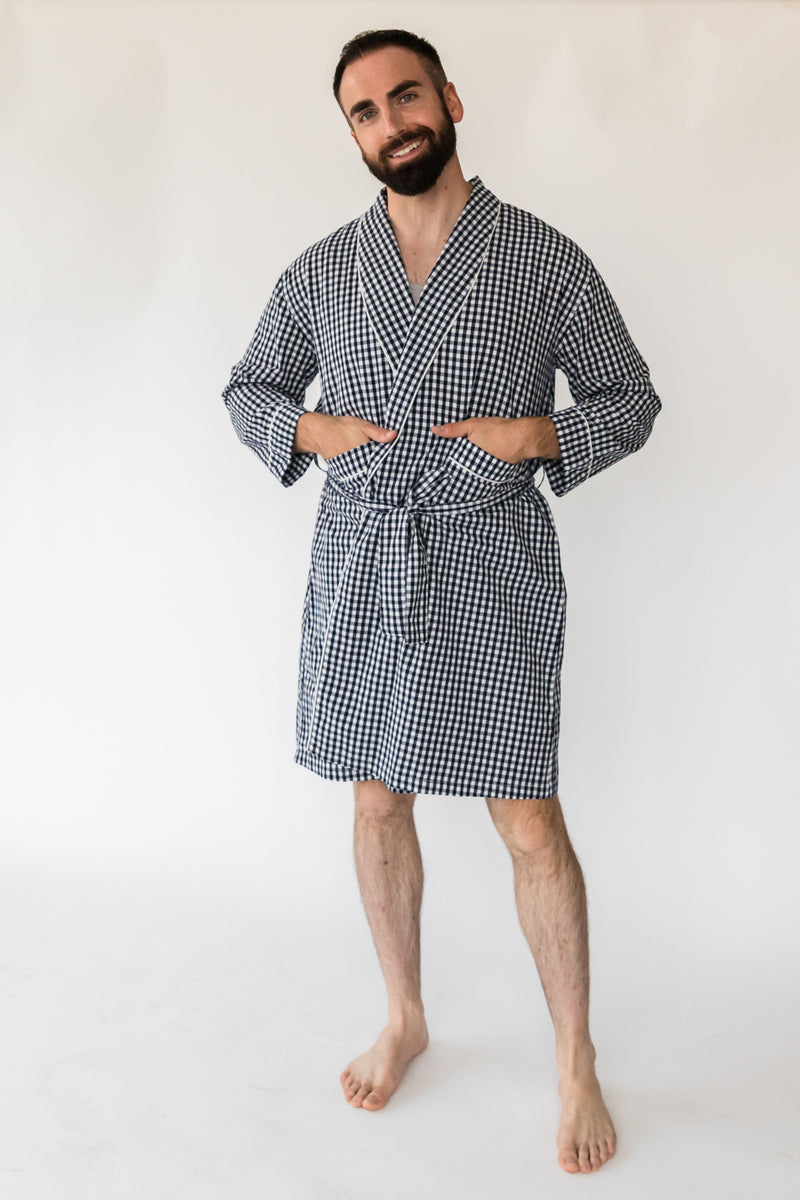 Men's  Holiday Navy Gingham Robe - Front 1