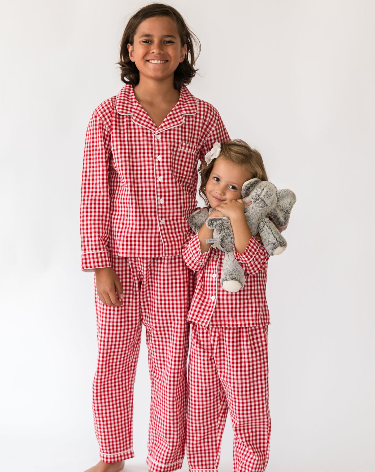 Kid's Holiday Red Gingham Shirt & PJ Set - Front Siblings