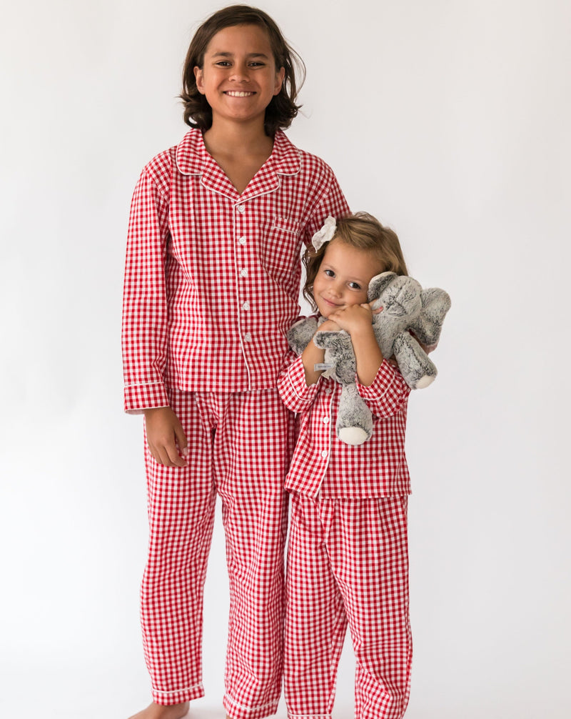 Kid's Holiday Red Gingham Shirt & PJ Set - Front Siblings