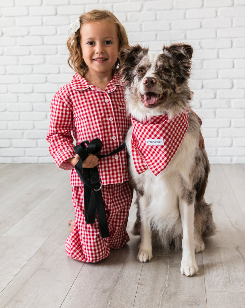 Kid's Holiday Red Gingham Shirt & PJ Set - Front Girl and Dog