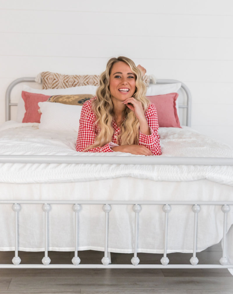Women's Holiday Red Gingham Shirt & PJ Set - On the bed