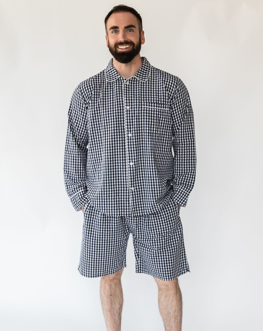 Men's Holiday Navy Gingham shorts with shorts - Front