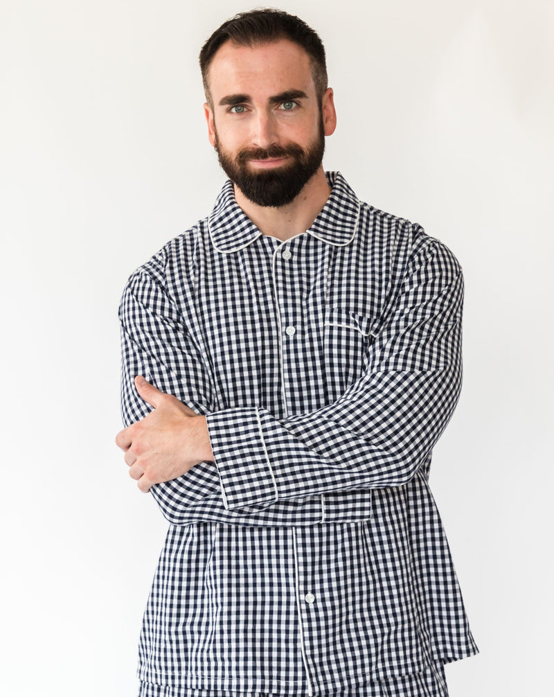 Men's Holiday Navy Gingham Shirt & PJ Set - Front 1